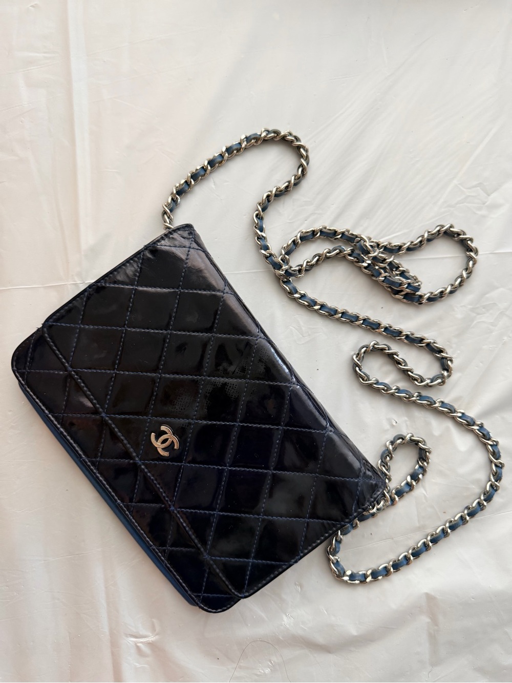 Chanel Quilted Patent Leather Wallet-On-Chain - navy